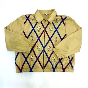 Jacket 1980s Alfred Dunner tan blue purple embroidered floral zip up jacket 14P